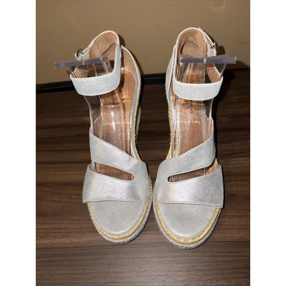 Johnston & Murphy 8 M Marcia Leather Espadrille Wedge Sandals Silver Metallic